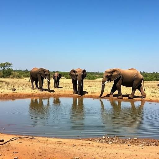 A group of elephants near a watering hole in Queen Elizabeth National Park.