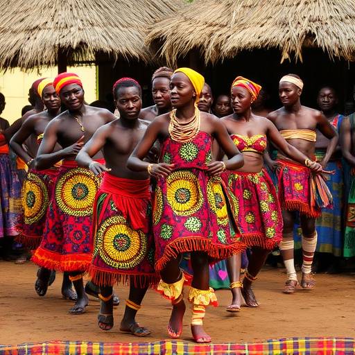 A group of tourists participating in a traditional dance in a Ugandan village.