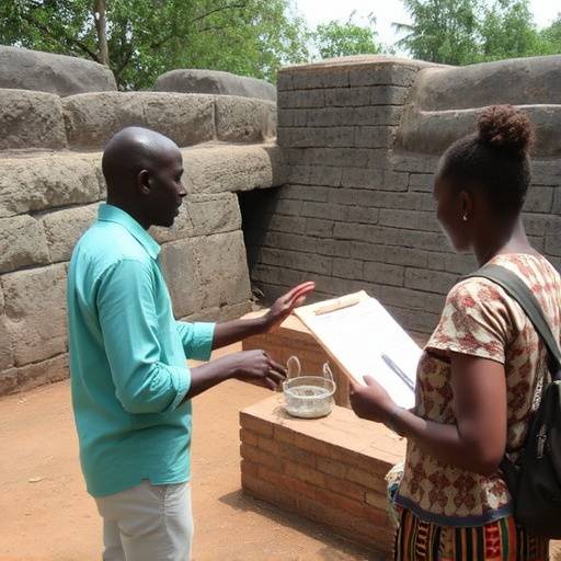 A guide explaining the historical artifacts at the Kasubi Tombs in Kampala.