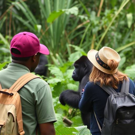 Group of tourists observing gorillas in Bwindi Impenetrable Forest