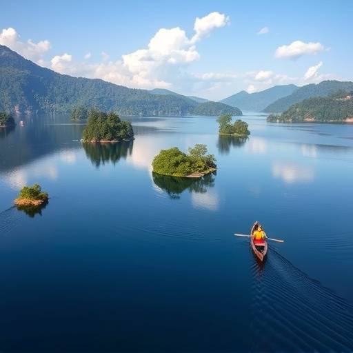 Lake Bunyonyi scenic view with islands and dugout canoes