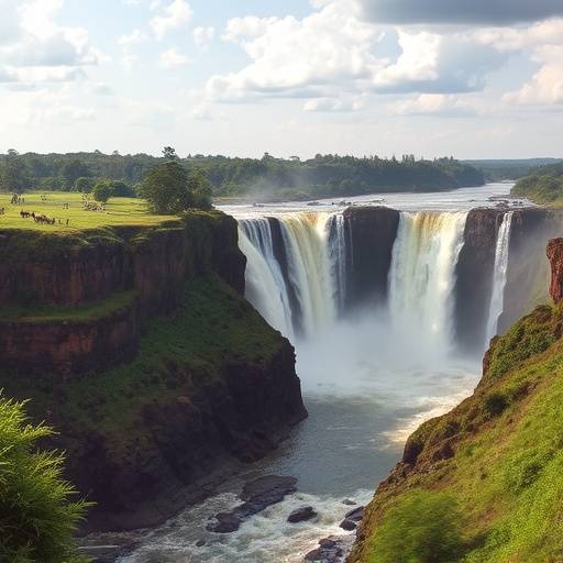 Murchison Falls National Park landscape with a waterfall and wildlife