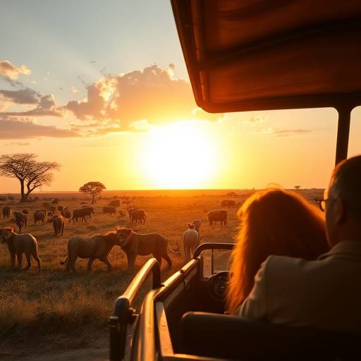Safari vehicle driving through Queen Elizabeth National Park with lions in the background