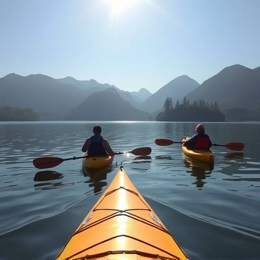 Tourists kayaking on Lake Bunyonyi surrounded by green hills