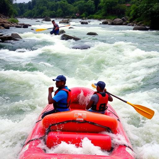 Tourists white water rafting on the Nile River near Jinja.