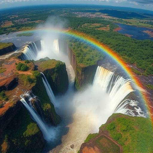 View of Murchison Falls from above with a rainbow